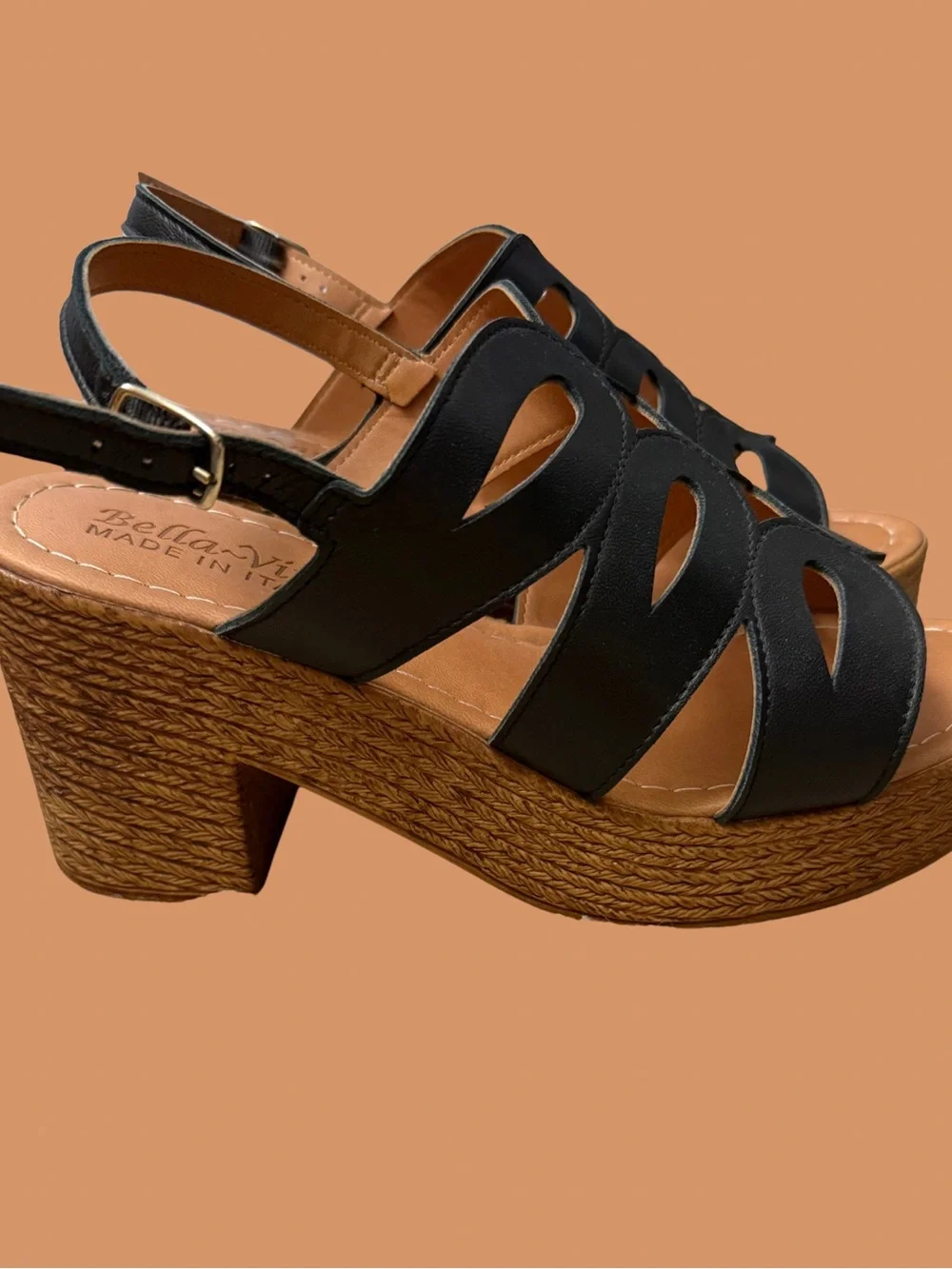 Bella Vita Black Cutout Slingback Wedge Sandals with Brown Wood-Look Heel